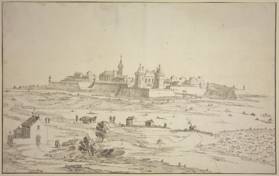 Ansicht einer befestigten Stadt, links vorne eine Kapelle od Robert van den Hoecke