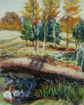 Three Washerwomen on the Banks of a River (oil on board) 