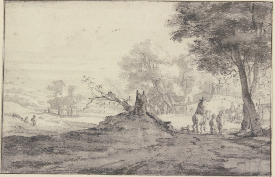 Landschaft mit Bäumen und Häusern, in der Mitte die Reste eines abgehauenen Baumes, Reiter und Fußgä od Roelant Roghman