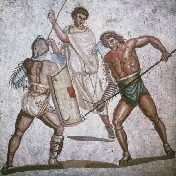 Two fighting gladiators and an arbitrator mosaic