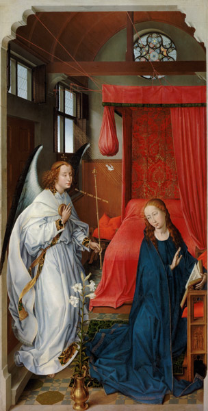 Dreikönigsaltar. Linker Flügel: Verkündigung Mariae, um 1455. od Rogier van der Weyden