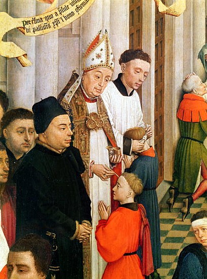 The Seven Sacraments Altarpiece, detail of Jean Chevrot (1400-60) Bishop of Tournai confirming a boy od Rogier van der Weyden