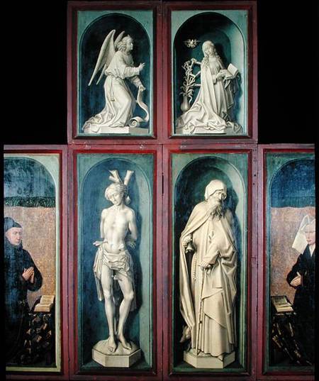 The Annunciation, St. Sebastian, St. Anthony the Great and the two Donors, panels from the reverse o od Rogier van der Weyden