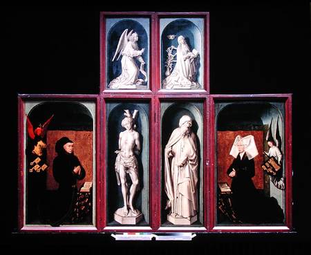 The Last Judgement when closed, depicting the donors Chancellor Nicholas Rolin and his Wife, Guigone od Rogier van der Weyden
