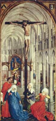 The seven sacraments, middle section -- crucifixion in a church od Rogier van der Weyden