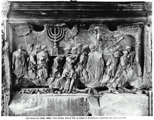 The Arch of Titus, detail of the Temple treasures being carried after the Sack of Jerusalem in 70 AD od Roman