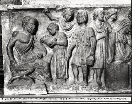 Relief depicting a boy reading to his teacher, detail from the Sarcophagus of the Conclamation od Roman