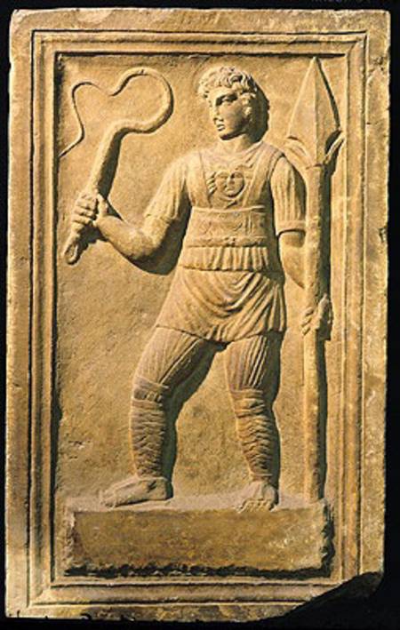 Relief depicting a gladiator holding a whip and a spear od Roman