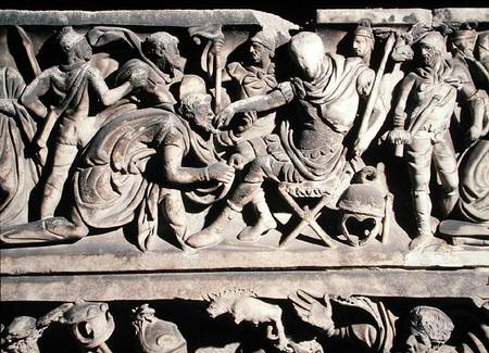 Relief from a sarcophagus depicting the submission of a barbarian to a Roman general od Roman