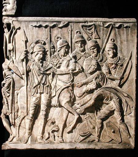 Relief from a sarcophagus depicting the submission of a barbarian to a Roman troop od Roman