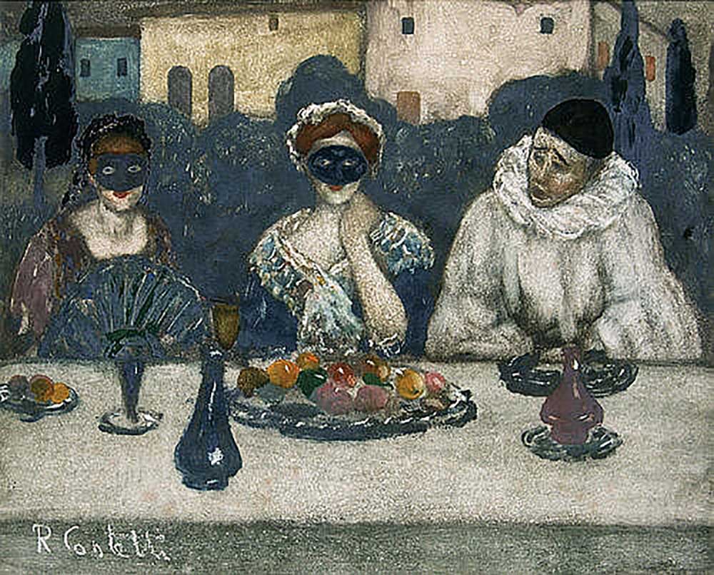 Two masked ladies and a Pierrot at a table od Romeo Costetti