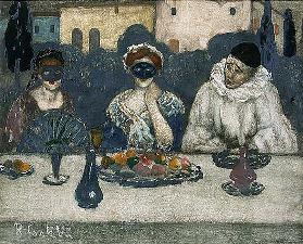 Two masked ladies and a Pierrot at a table