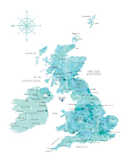 Aquamarine watercolor map of the United Kingdom