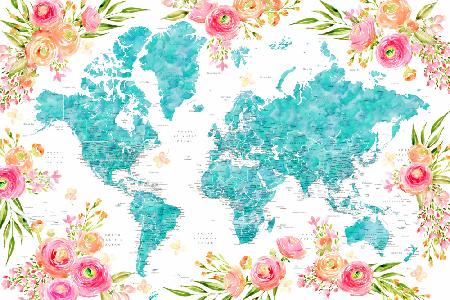 Detailed floral world map with cities, Haven