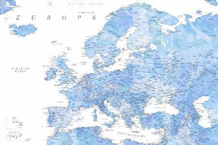 Light blue watercolor detailed map of Europe