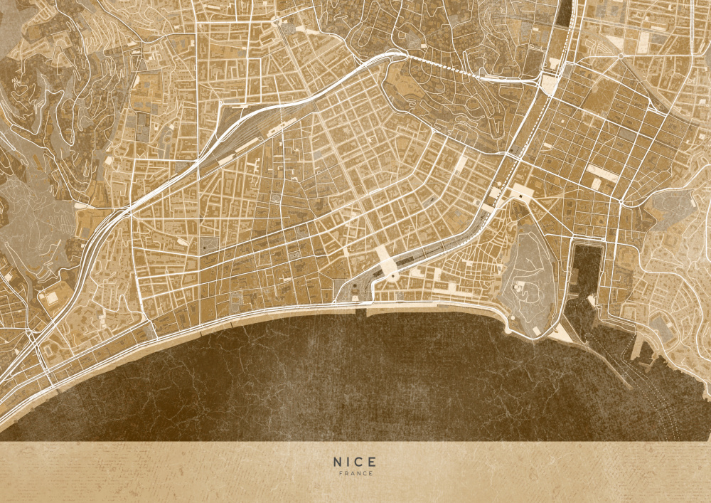 Sepia vintage map of Nice downtown France od Rosana Laiz Blursbyai