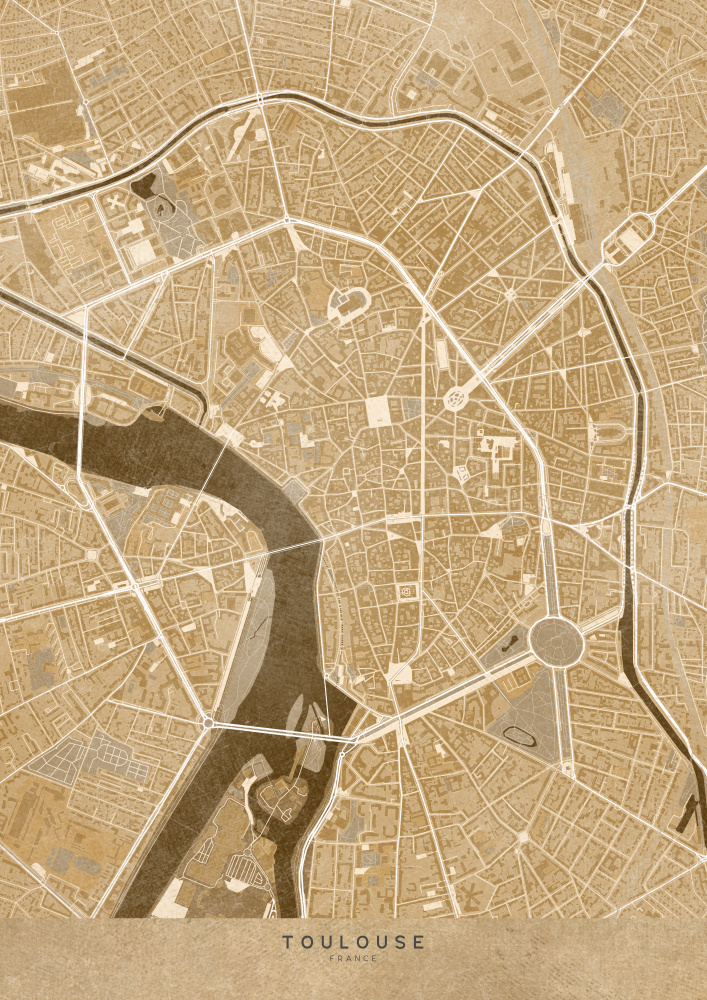 Sepia vintage map of Toulouse downtown France od Rosana Laiz Blursbyai