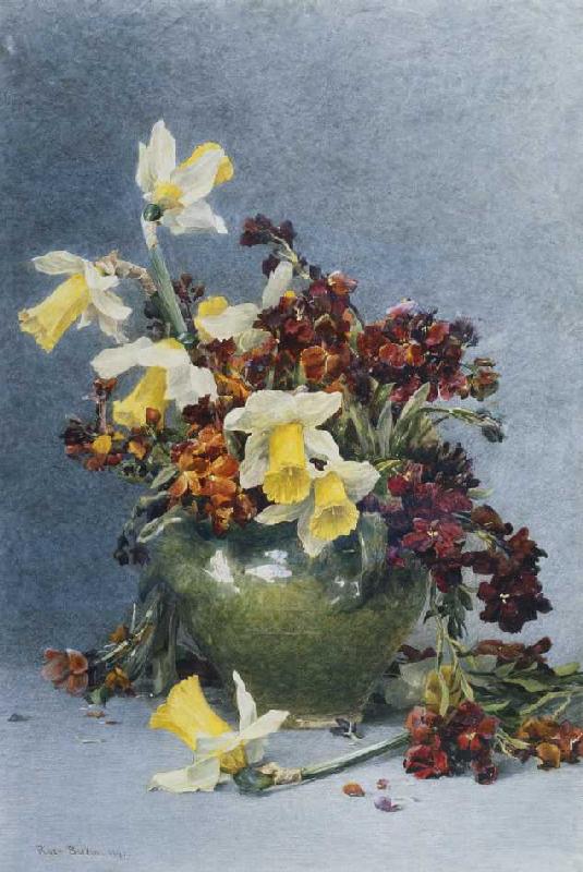 Osterglocken und Mauerblümchen in einer grünen Vase od Rose Maynard Barton