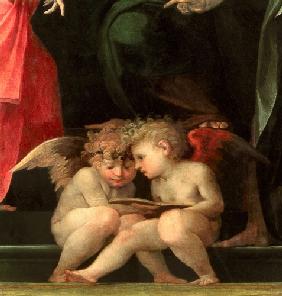 Two cherubs reading, detail from Madonna and Child with Saints