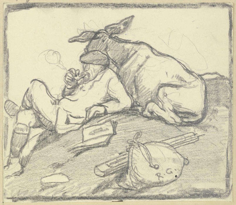 Ein Pfeife rauchender Mann auf einem Hügel rastend, angelehnt an einen Esel od Rudolf Gudden