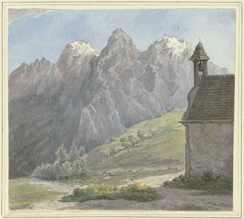 Berggipfel in den Alpen, vorne eine Kapelle od Rudolf Maria Bernhard von Stillfried-Alcantara