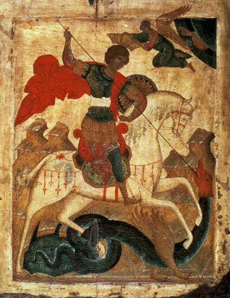 St. George and the Dragon (tempera on fabric, gesso, and od Russian School