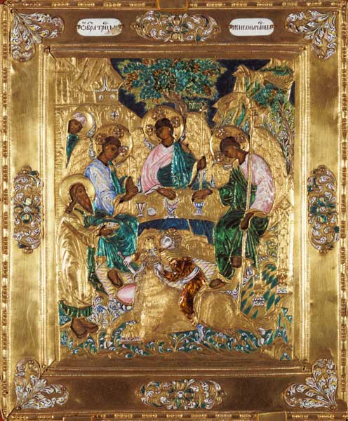 Icon depicting Abraham and the Three Angels, Moscow School (enamel) od Russian School