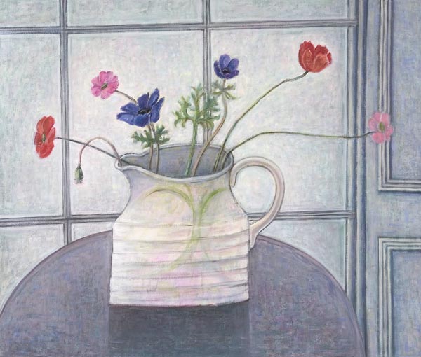 Anemones and Poppies, 2008 (oil on canvas) jug; flowers; still life; inetrior; window; table; white  od Ruth  Addinall