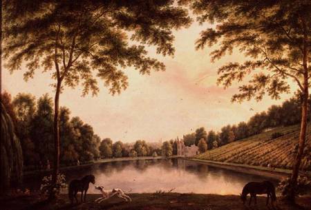 A View of the Lake and ruins of the Abbey at Painshill, Surrey od S. Barrett