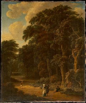 Forest Landscape with Forest Workers and People Strolling