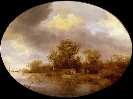 River landscape with men unloading lobster pots od Salomon van Ruisdael or Ruysdael