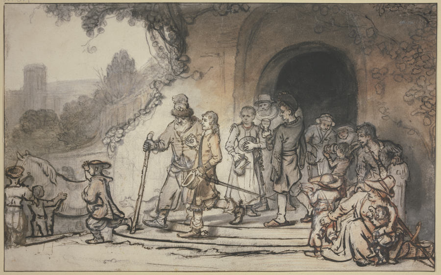 Ein junger Mann, gestiefelt und gespornt, tritt begleitet von seinem alten Vater und seiner Familie  od Samuel van Hoogstraten