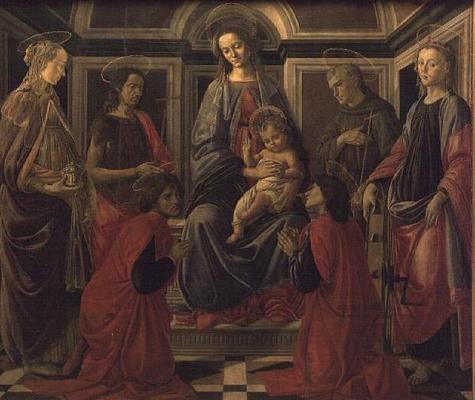 Virgin and Child with SS. Mary Magdalene, John The Baptist, Cosmo, Damian, Francis and Catherine, c. od Sandro Botticelli