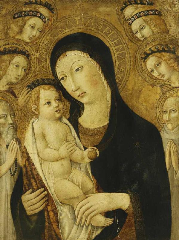 Madonna mit Kind und den Heiligen Antonius der Große und Bernhardin von Siena, umgeben von Engeln. od Sano di Pietro