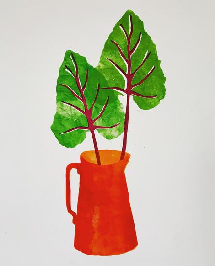 red jug with leaves