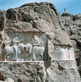 Two bas-reliefs, the left with the investiture of Bahram I (r.273-74) and the right showing Bahram I