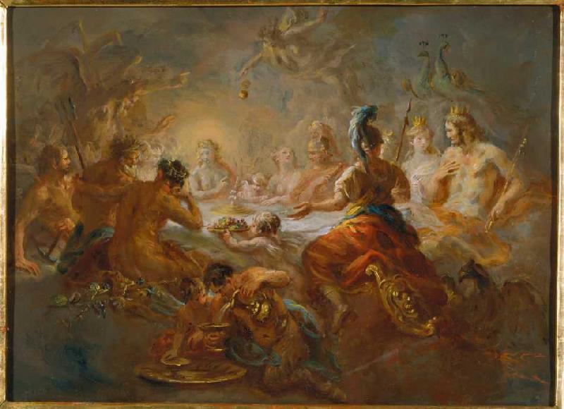 Eris throws the golden apple under the wedding guests of Peleus and Thetis. od Schmidt, Martin Johann (gen. Kremser Schmidt)