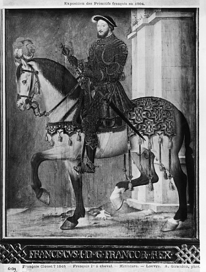 Equestrian portrait of King Francis I of France (w/c on vellum) od (school of) Jean Clouet