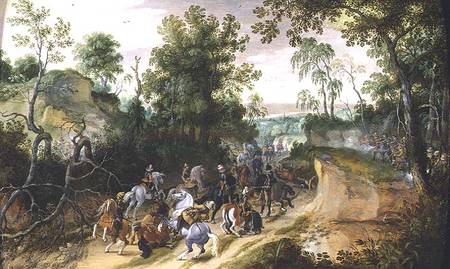 A Cavalry Column Ambushed on a Woodland path od Sebastian Vrancx