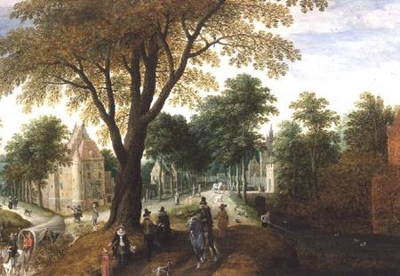 Elegant Horsemen and figures on a path in front of a chateau od Sebastian Vrancx