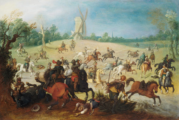 A cavalry battle in a wooded valley before a windmill od Sebastian Vrancx