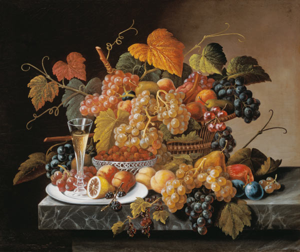 Grape still life with champagne glass. od Severin Roesen