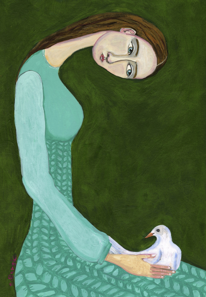 Lady sitting with white dove bird woman od Sharyn Bursic