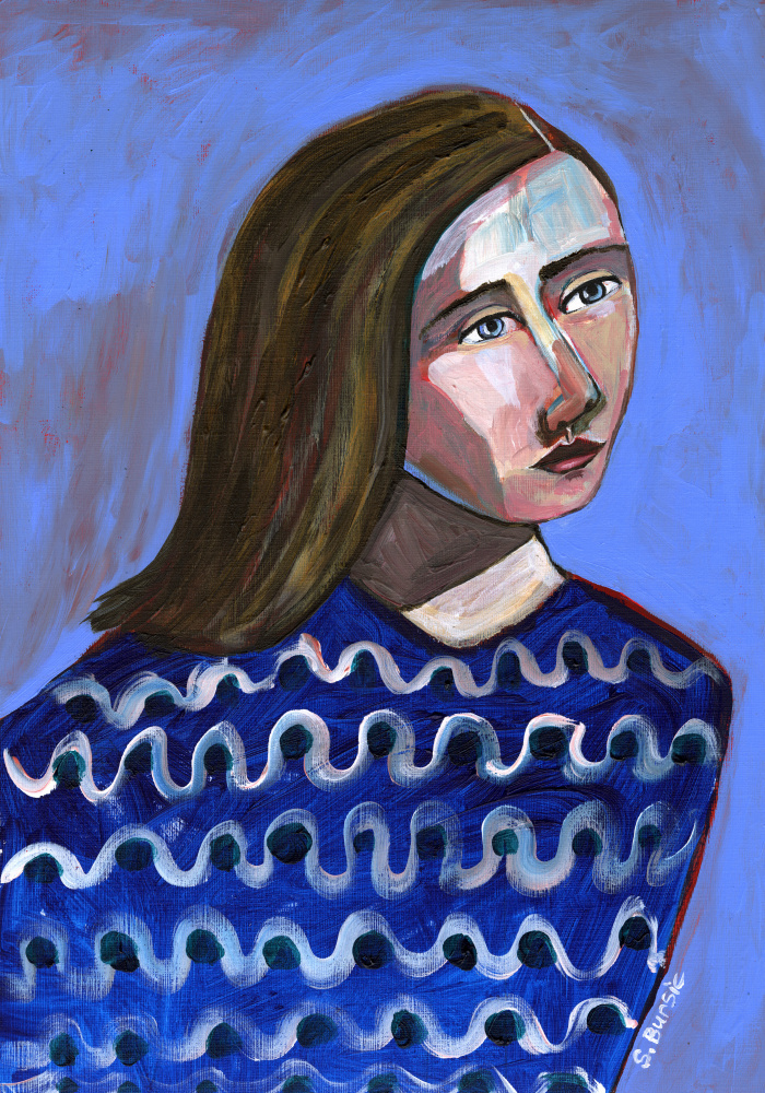 Woman in Blue Sweater Naive Portrait Figurative od Sharyn Bursic
