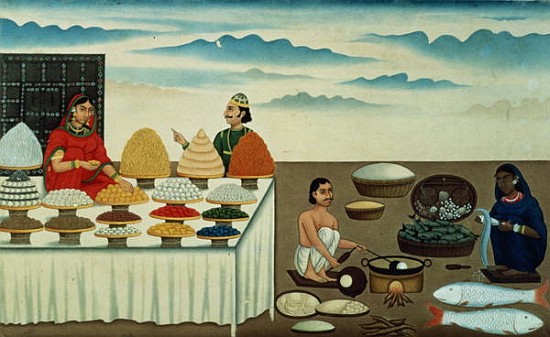 Fish seller, sweetmeat maker and sellers with their wares, Patna, c.1870 od Shiva Dayal Lal