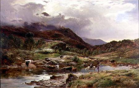 A Mountainous River Scene with Cattle in the Foreground od Sidnay Richard Percy