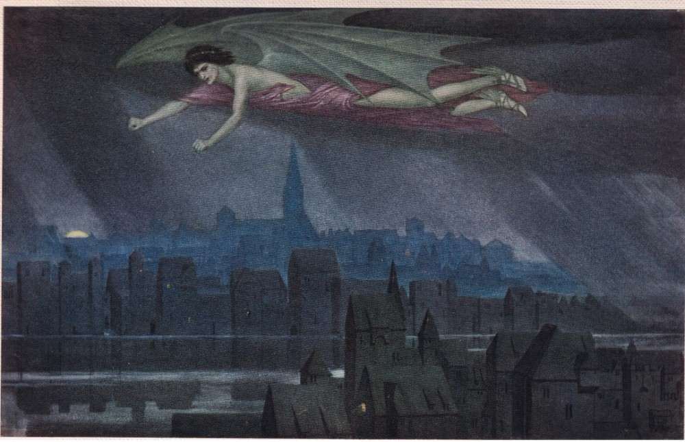 Lucifer flying over the city. Sleep, sleep, o city! Till the light wake you to sin and crime again. od Sidney Meteyard