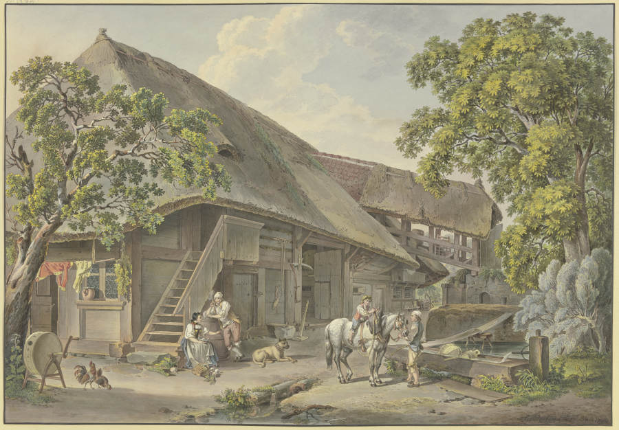 Schweizerhaus, am Brunnen Bauer mit einem Schimmel, auf dem ein Knabe reitet od Sigmund Freudenberger