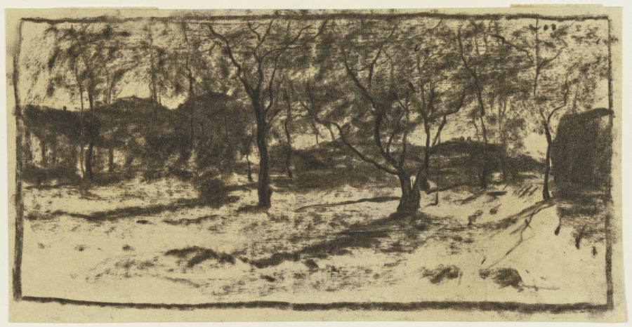 Obstbäume im Schnee, im Hintergrund Häuser od Sion Longley Wenban