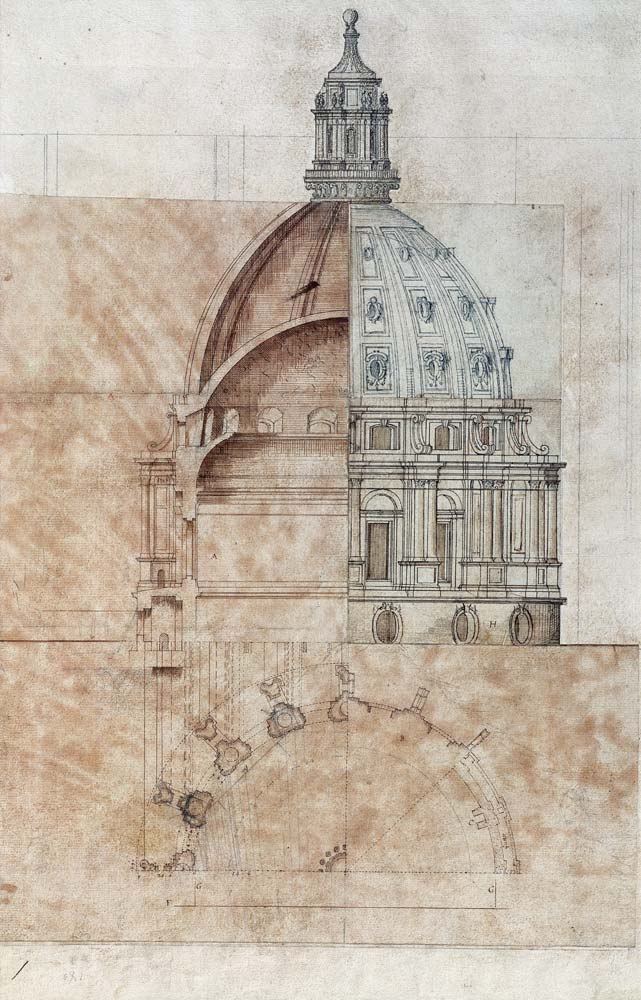 The 'Definitive Design': section, elevation and half plan of St. Paul's Cathedral dome cil on od Sir Christopher Wren